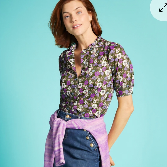 Talbots EUC Ruffle Neck Top Poppy Ditsy Puff Sleeve Floral XS - Picture 2 of 15